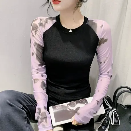 2023秋季新款设计感网红T恤女长袖内搭圆领打底衫网纱拼接上衣潮商品大图