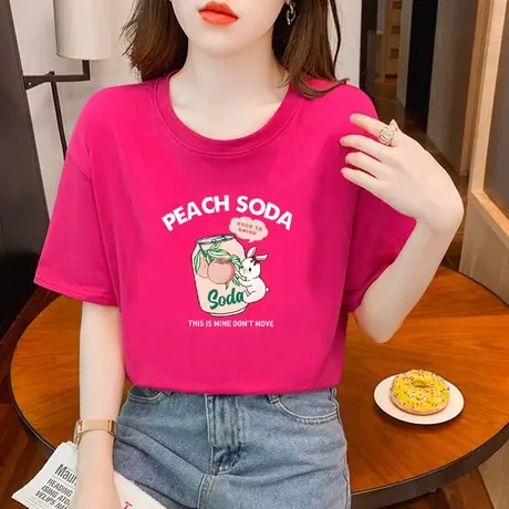 火龙果色中长款宽松t恤女2023新款夏季短袖别致纯棉体恤上衣ins潮商品大图