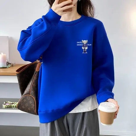 克莱因蓝卫衣女2023秋冬新款设计感小众美式复古宽松小熊长袖上衣图片