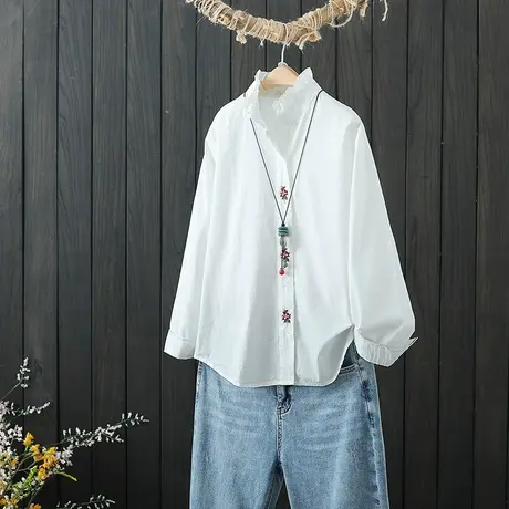 文艺范刺绣衬衫秋季新款花边立领打底衫纯棉白色衬衣长袖上衣女装商品大图
