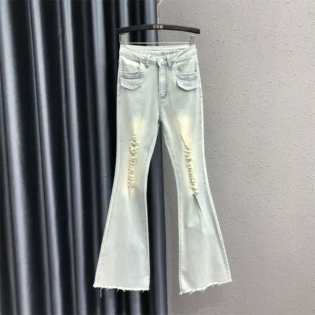 2023夏新款浅蓝色破洞设计感时尚百搭牛仔微喇裤女辣妹显瘦喇叭裤商品大图