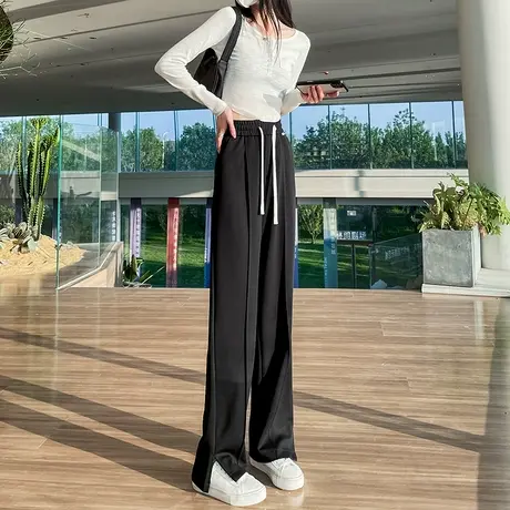 侧开叉阔腿运动裤女2023年春秋新款高腰垂感直筒宽松休闲拖地长裤商品大图