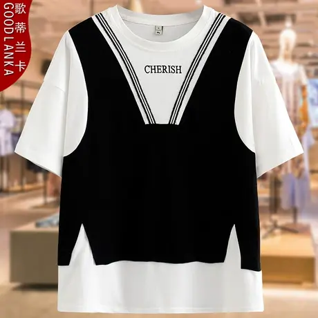 加肥加大码胖妈妈夏装纯棉上衣200斤宽松时尚减龄撞色拼接短袖T恤商品大图