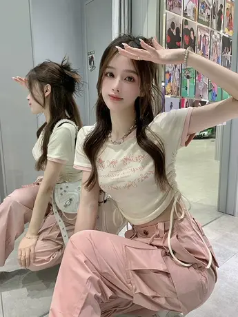 辣妹正肩短袖t恤女夏季抽绳设计感小众高腰修身显瘦别致短款上衣商品大图