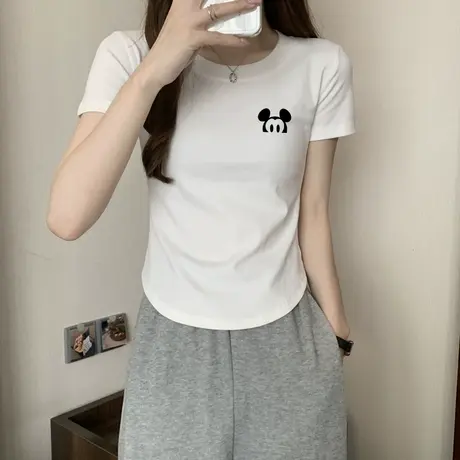 白色短袖正肩t恤女2023新款修身短款百搭纯棉简约基础款上衣夏季图片