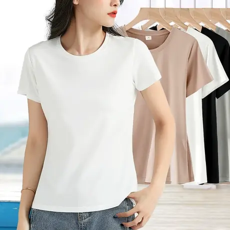 白色t恤女短袖修身2023年新款纯色简约百搭体恤夏季薄款圆领上衣图片