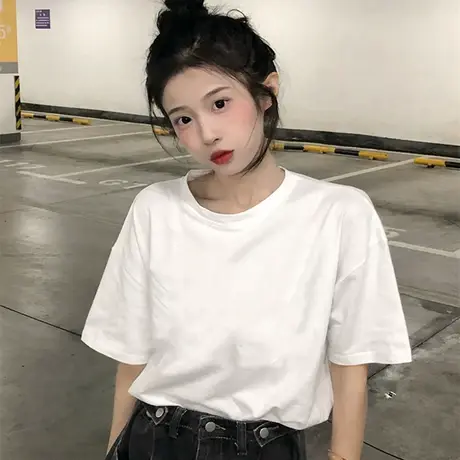 夏季新款上衣2023宽松暗黑系纯色印花短袖复古设计感白色T恤女装图片