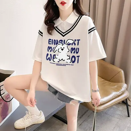 小众设计感短袖t恤女夏季韩版宽松大码女装翻领polo衫假两件上衣图片