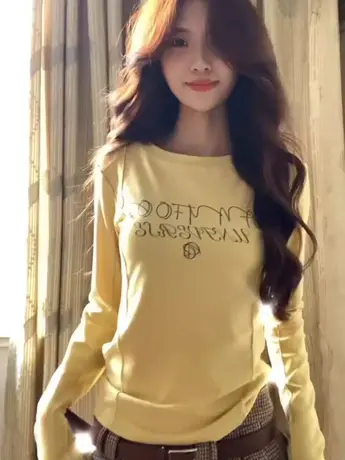 辣妹风正肩长袖t恤女秋季小众设计感美式修身显瘦纯欲打底衫上衣商品大图