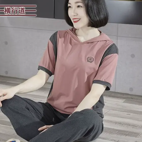 简约韩版连帽绣花撞色宽松短袖T恤女装2023夏季新款大码外穿上衣图片