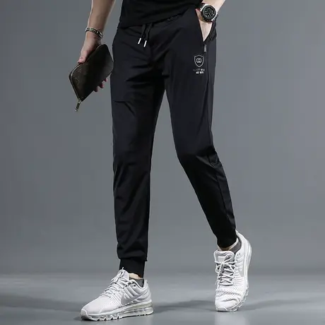 黑色冰丝休闲裤男2023夏季新款修身束脚男士弹力松紧腰潮流裤子男商品大图