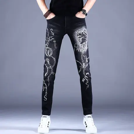 欧洲站男士印花牛仔裤男秋款2023年新款修身小脚休闲裤子弹力高端商品大图