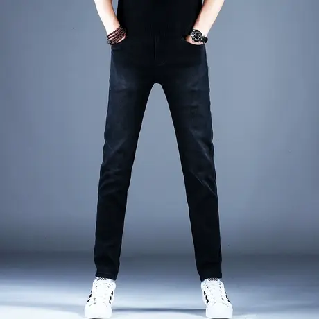 黑色印花牛仔裤男款修身小脚裤子弹力百搭潮牌潮流美式高街休闲裤图片