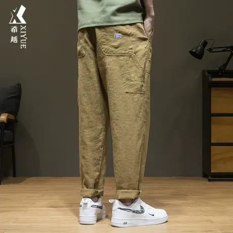日系复古棉麻休闲裤男秋季腰带纯色百搭长裤宽松大码直筒垂感男裤商品大图