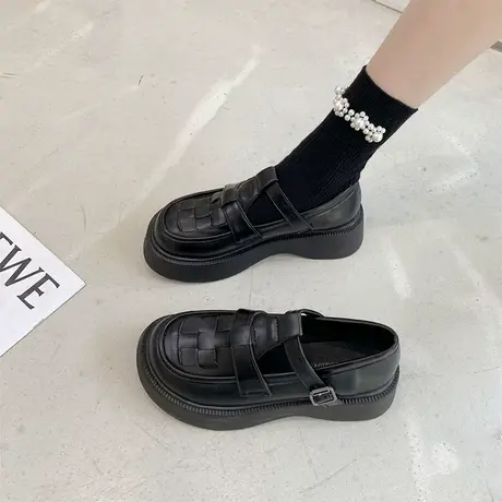 编织乐福鞋女复古英伦风单鞋2023年春新款百搭松糕厚底圆头小皮鞋商品大图