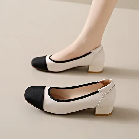 单鞋女春秋季2023年新款百搭拼色时尚瓢鞋简约仙女风配裙子豆豆鞋商品大图