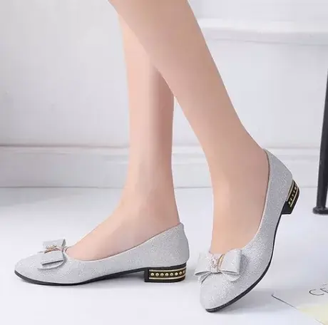 韩版百搭尖头浅口软底平跟豆豆鞋低跟蝴蝶结单鞋女黑色工作鞋子图片