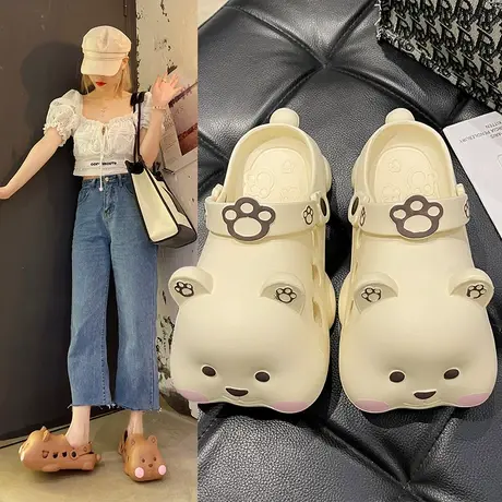 可爱立体小熊洞洞鞋女时尚学生外穿夏季ins潮厚底防滑包头凉拖鞋商品大图