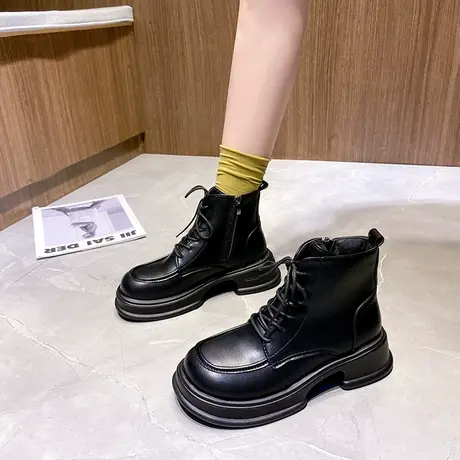 马丁靴女2023秋冬新款粗跟小短靴英伦风小众设计感厚底增高女靴子图片