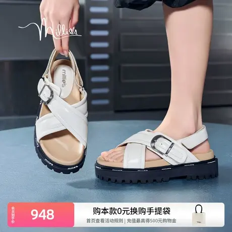 妙丽潮能预警2025夏季金属扣时尚面包软软交叉真皮凉鞋女D6016BL4商品大图