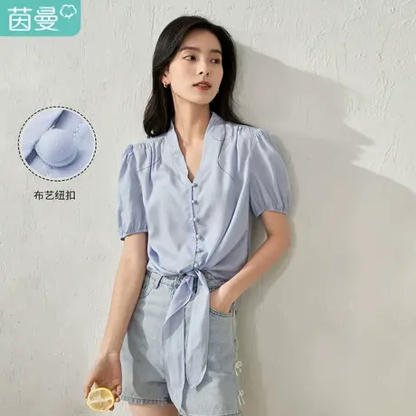 茵曼V领绑带衬衫女2023夏季新款通勤宽松气质显瘦法式泡泡袖衬衣商品大图