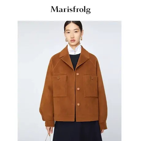 【商场同款】玛丝菲尔毛呢外套冬季新款褐色时尚羊毛短外套商品大图