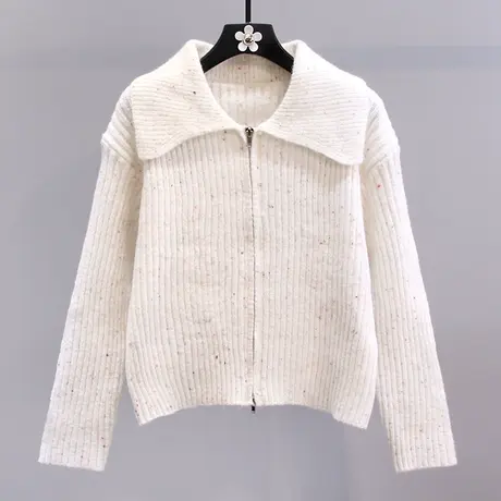 双拉链翻领毛衣外套女秋冬2023新款宽松慵懒风百搭显瘦针织开衫商品大图