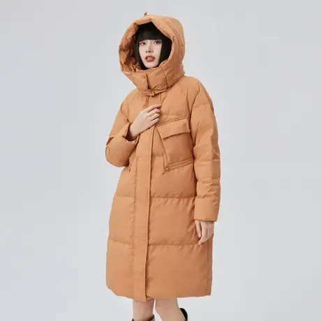 艾莱依2022年新款收腰羽绒服女装长款连帽简约气质设计感秋冬外套商品大图