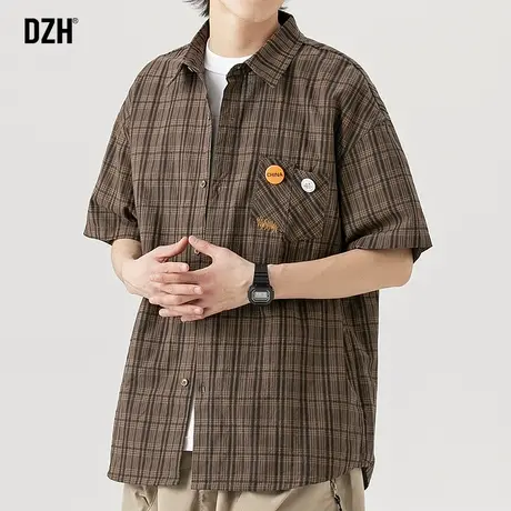 男士纯棉短袖衬衫男潮牌夏季潮流宽松格子衬衣男款半截袖上衣百搭商品大图