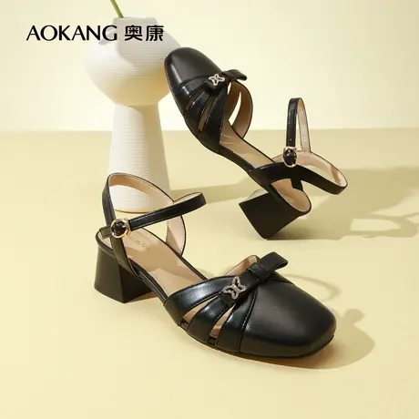 【羊皮】奥康女鞋 夏季新款包头真皮通勤百搭中后空时装凉鞋图片