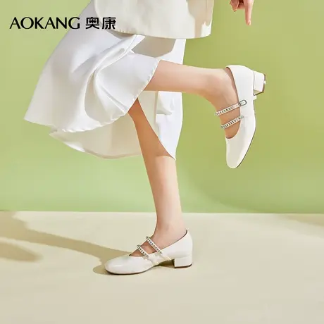 奥康 女鞋2025春季浅口单鞋双鞋带玛丽珍配裙优雅通勤中跟鞋图片