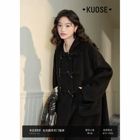 阔色赫本风连帽呢子大衣女2024秋冬季新款牛角扣中长款毛呢外套黑商品大图