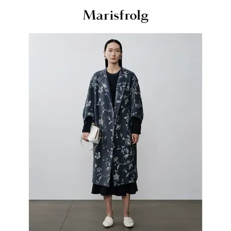 【商场同款】玛丝菲尔2023年秋季新款平驳领时尚艺术花稿毛呢大衣商品大图