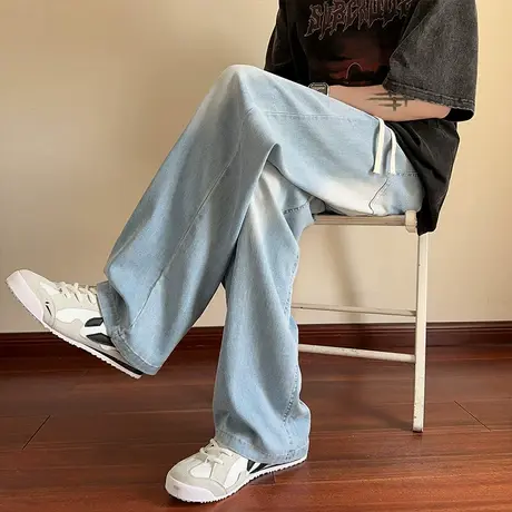 冰丝牛仔裤男夏季新款阔腿裤高街垂感休闲裤ins港风大码直筒长裤商品大图