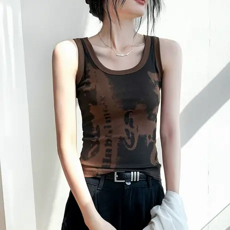 美式复古风吊带背心女2025春夏新款辣妹修身显瘦扎染内搭无袖上衣商品大图