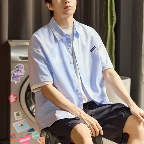 唐狮夏季新款短袖衬衫男纯色系百搭休闲宽松日系衬衣男士外套图片
