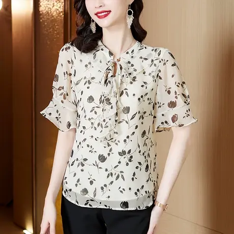 短袖气质OL喇叭袖通勤上衣2023夏季新品荷叶边系带领印花雪纺衫女商品大图