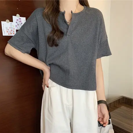 chic韩系设计感t恤女大码温柔慵懒风短袖ins潮新款别致百搭上衣夏图片