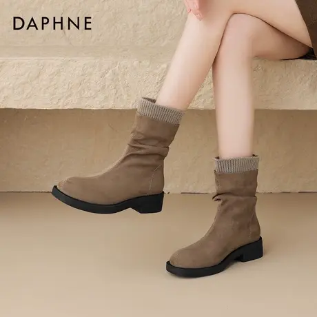 达芙妮靴子女冬季短靴2026新款中筒堆堆女靴西部牛仔靴平底马丁靴商品大图