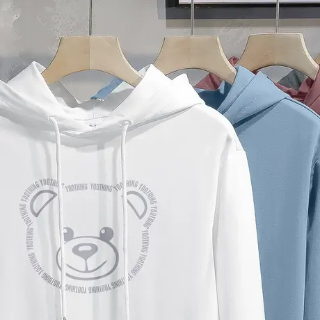 白色卫衣男2023新款秋冬连帽外套加绒潮牌小熊长袖带帽衫宽松潮流商品大图