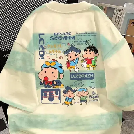 2025夏季扎染百搭短袖t恤女韩版小众蜡笔小新印花圆领休闲风上衣图片