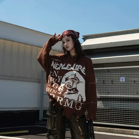 复古美拉德印花圆领毛衣女春秋2025新款设计感套头针织衫外穿上衣商品大图