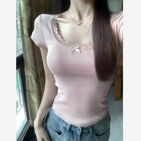 甜辣修身蝴蝶结蕾丝边假俩件短袖t恤女夏季纯欲性感短款露脐上衣图片