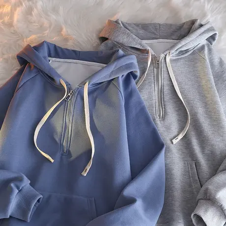 ins超火加绒加厚半拉链套头卫衣女秋冬宽松bf慵懒风长袖外套潮牌商品大图