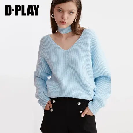 DPLAY德帕拉秋冬新款欧美清水蓝色大V领可脱卸颈部围脖毛衣女商品大图