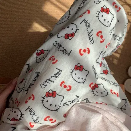 复古印花白色Kitty全棉双层纱小清新棉纱睡裤宽松舒适家居裤外出商品大图