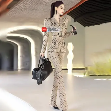 VJE欧美小众OL西装套装2025秋季新款多口袋上衣微喇叭裤两件套商品大图