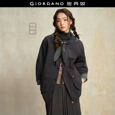 设计师款佐丹奴风衣外套女装新款拼接格纹连帽中长款夹克18375811商品大图