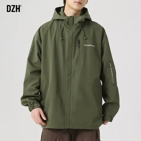 男士军绿色冲锋衣男2023秋季新款防风外套男款高级感男装连帽风衣商品大图