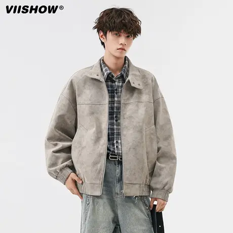 VIISHOW美式潮牌设计感哈灵顿皮衣外套男女宽松高街百搭机车夹克商品大图